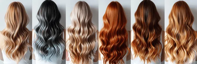 Back view of women with wavy dyed hair swatches in multiple colors