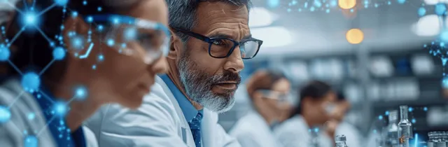 Doctors and nurses in a hospital room collaborate near medical technology with a glowing digital network overlay.