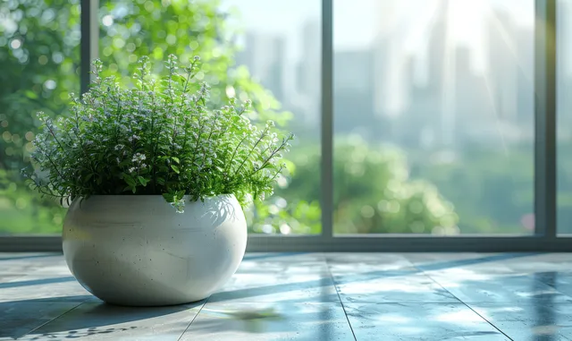 A potted green plant sits by a large window with a blurred city skyline outside.