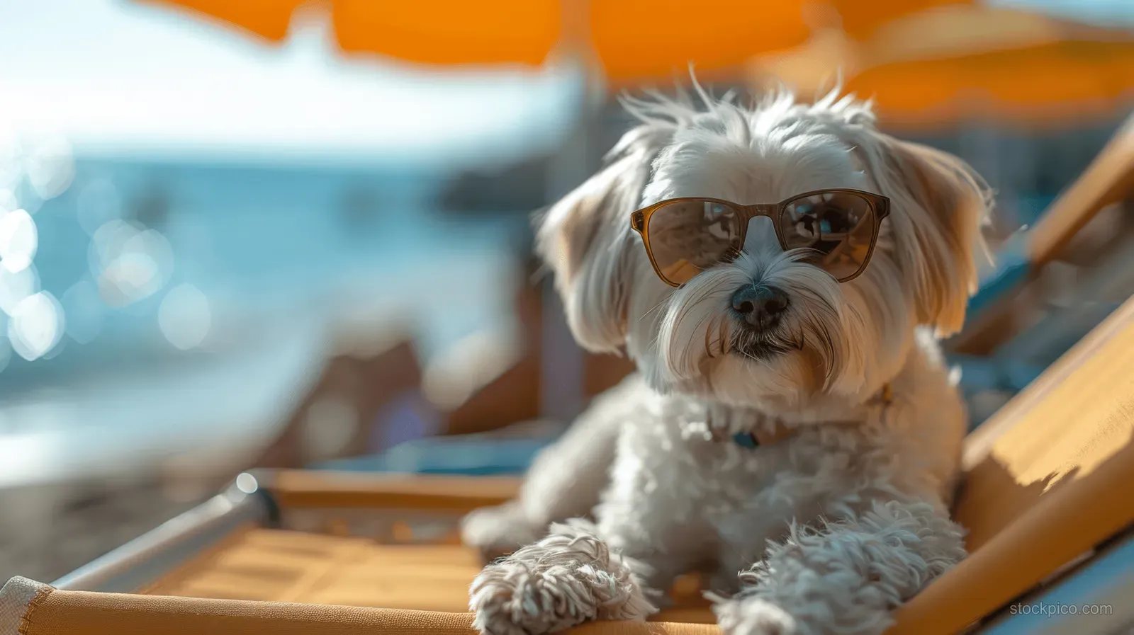 White Havanese dog wearing sunglasses relaxing on a beach chair with the ocean and umbrella blurred behind.
