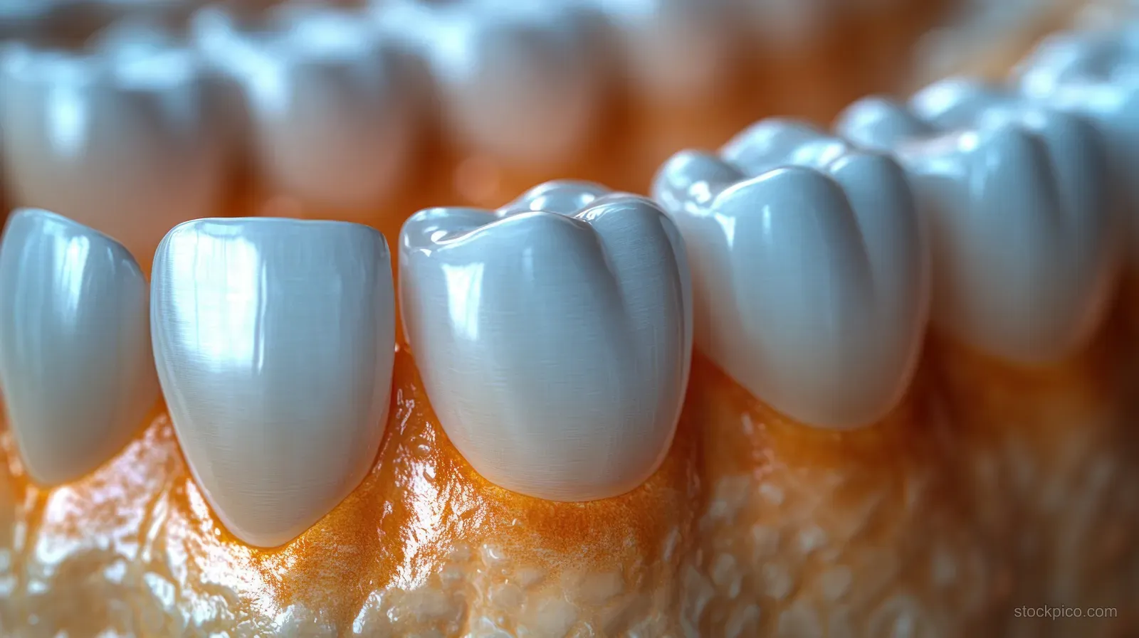 Macro close-up of glossy white upper teeth with gums visible and natural enamel texture.