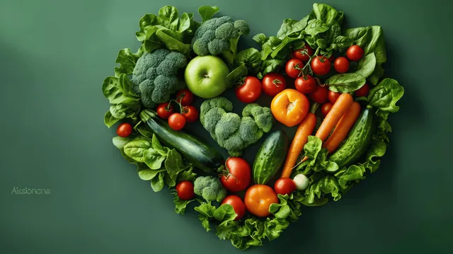 Heart-Shaped Fresh Vegetable Mix with Broccoli, Spinach, Tomatoes, and Carrots on Green