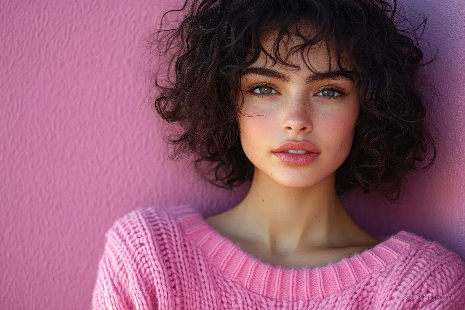 Smiling young woman in a pink sweater pointing toward open space against a purple wall.