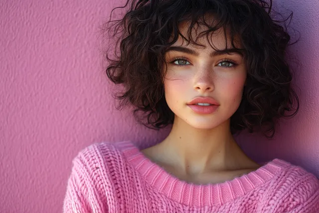 Happy young African woman in pink sweater pointing into space against purple wall
