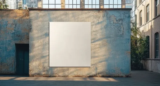 A blank billboard canvas sits on a weathered blue brick wall in a city courtyard under soft morning light.