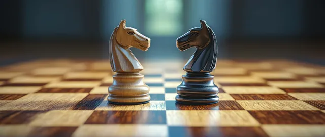 Two chess knights facing each other on a wooden board under dramatic spotlight