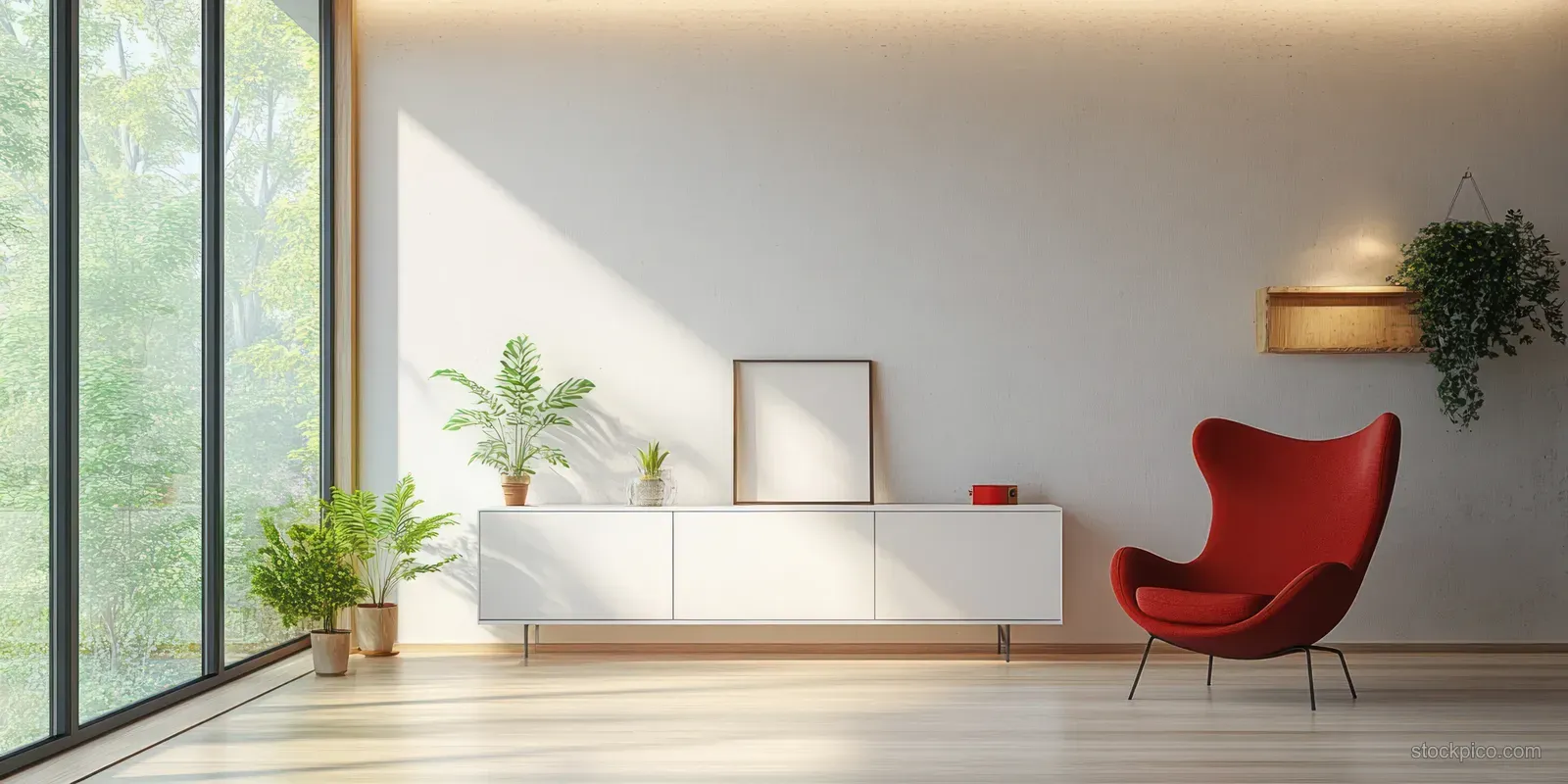 Minimalist living room showing a wall-mounted TV, red accent chair, white cabinet, and potted plants near large windows.