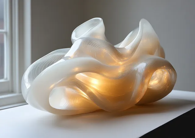 Transparent abstract sculpture intertwined on a white surface with warm golden light