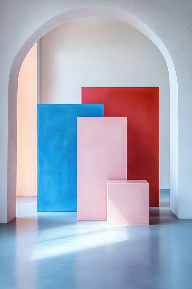 White arched doorway in a minimalist room with stacked blue, red, and pink blocks under natural light.
