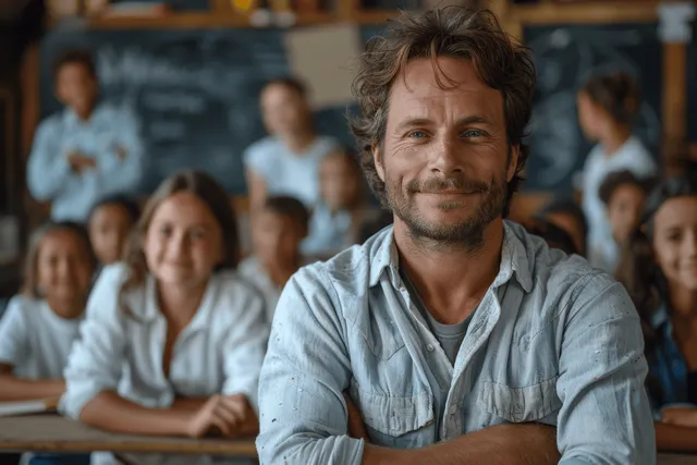 Smiling teacher standing in classroom with attentive students behind