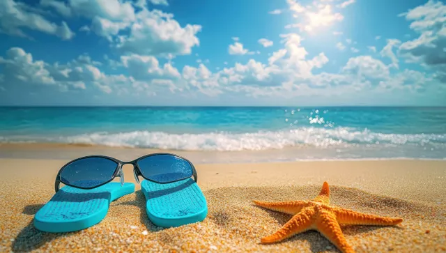 Turquoise flip-flops and sunglasses beside an orange starfish on sunlit beach