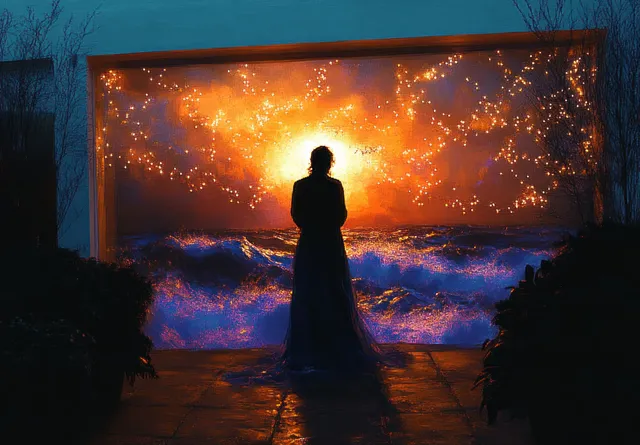 Silhouette of a person standing and looking at glowing starry ocean waves at night.