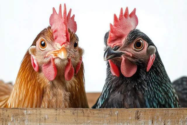 Two chickens with bright eyes and textured feathers perch on a rustic wooden ledge against a clean white background.