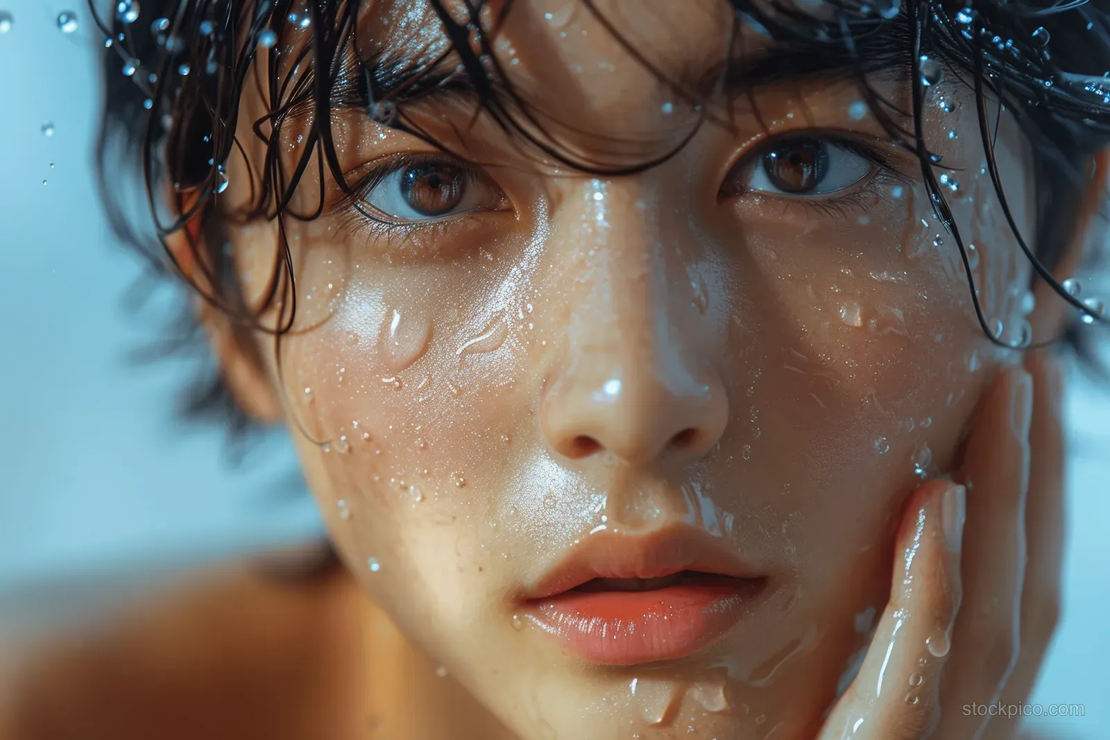 Japanese man with wet hair and dewy skin, looking into the camera in a close skincare portrait.