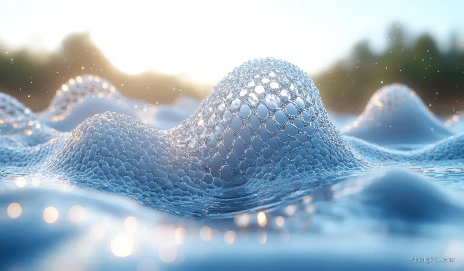 Glowing blue DNA-inspired helix shaped like a network rises from a silky liquid with sparkling droplets.