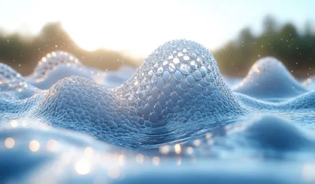 Glowing blue DNA-inspired helix shaped like a network rises from a silky liquid with sparkling droplets.
