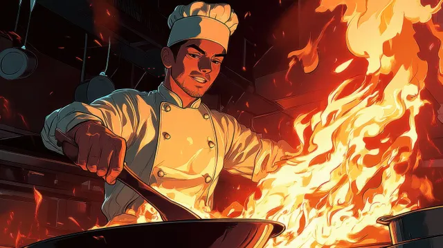 Anime chef flips flaming skillet in restaurant kitchen, fiery flames and bold comic motion lines