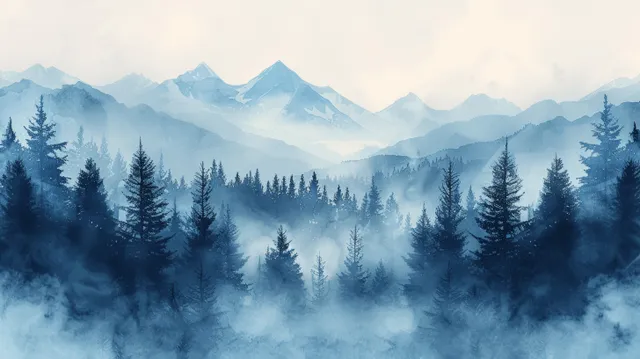 Winter watercolor forest valley with pine silhouettes, layered mountains, and drifting mist