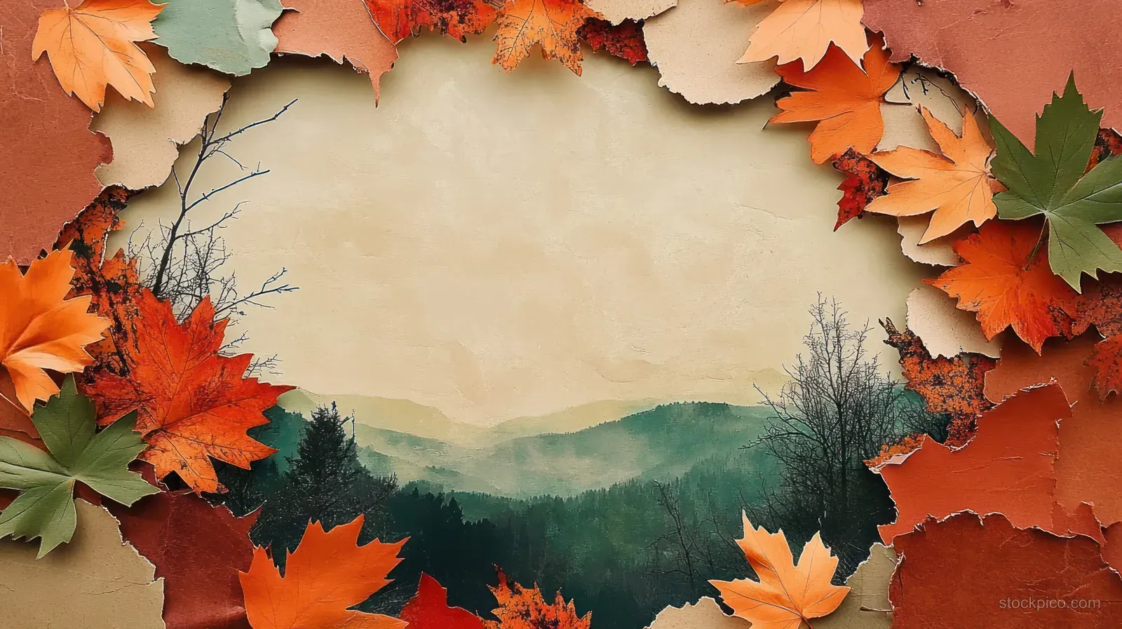 Misty mountain landscape in the background framed by torn beige paper and orange maple leaves.