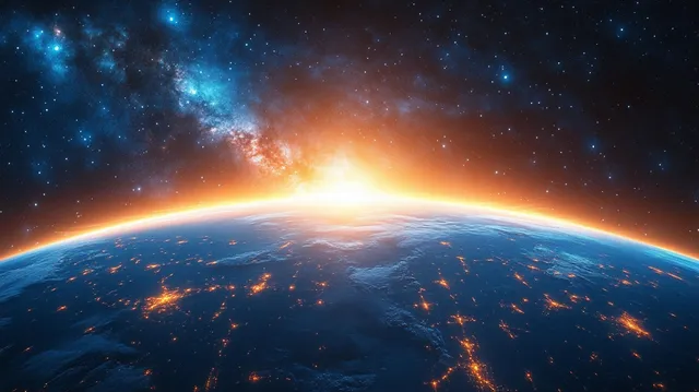 Sunrise on Earth viewed from space, glowing city lights beneath layered clouds