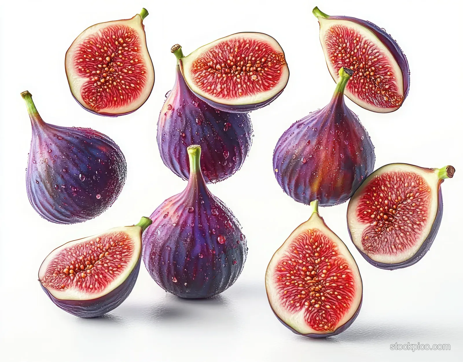 Purple figs, some whole and some halved, show red seeded interiors with small water droplets on a white background.
