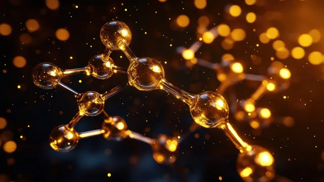 A glowing gold molecular structure with linked spherical atoms floating in warm golden light and dust-like particles.