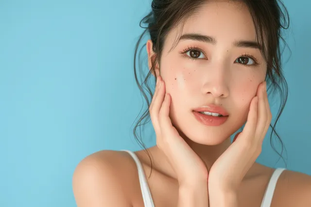 Japanese woman holding her cheeks in soft focus portrait against light blue backdrop