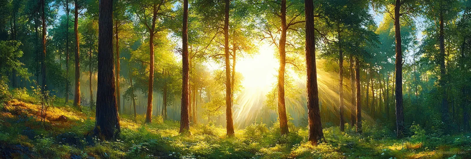 Golden sunrise rays stream through an oak forest, highlighting green leaves among misty tree trunks.