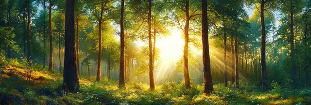 Sunrise light filters through an oak forest, illuminating vibrant green leaves and misty beams