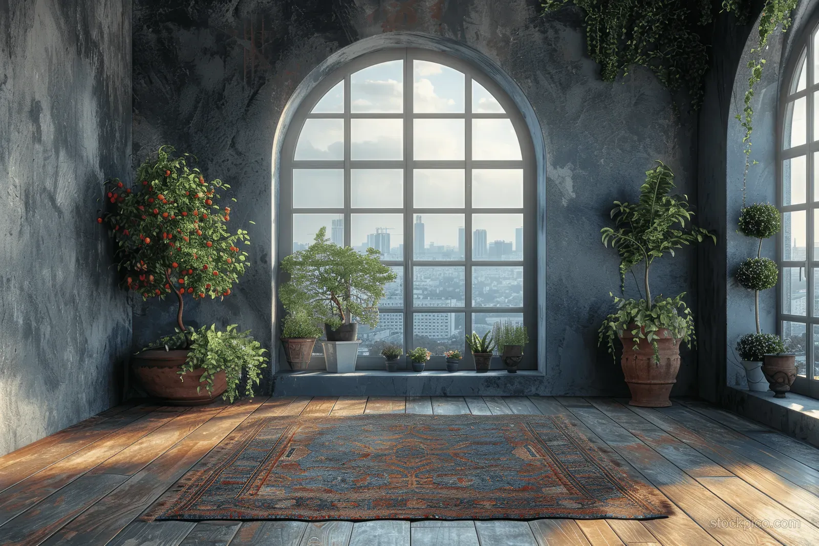 Sunlit room with arched windows, wooden floors, potted plants, and a colorful rug overlooking a city skyline.