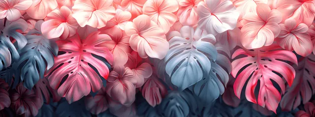 Layered pink and white monstera leaves and tropical florals sit over geometric wave shapes in a 3D wallpaper background.