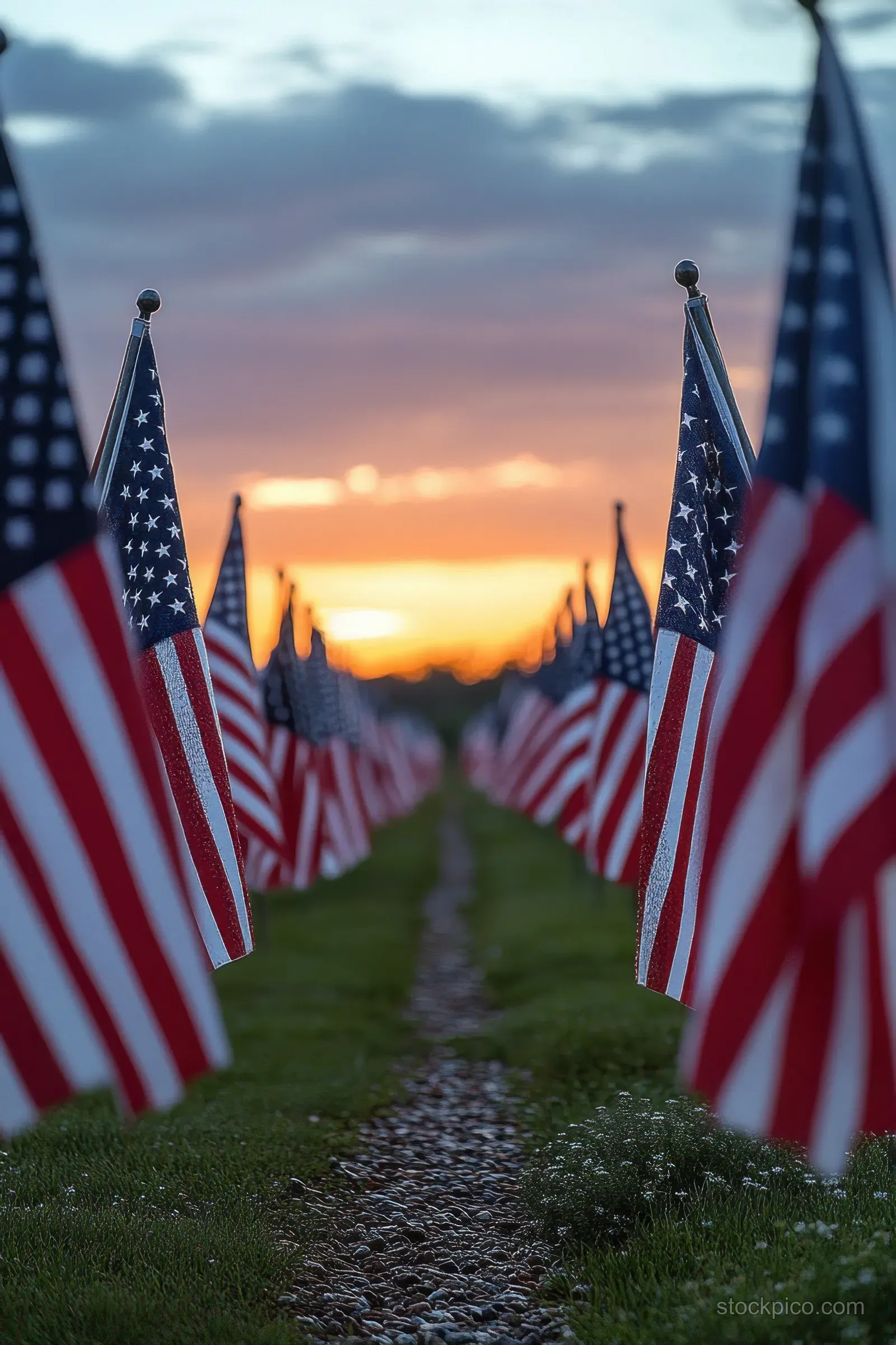 American flags line a narrow gravel path with a sunset sky glowing in the background.