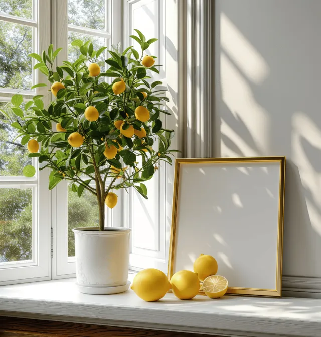 Sunlit windowsill with a potted lemon tree, lemons on the table, and a blank gold photo frame.