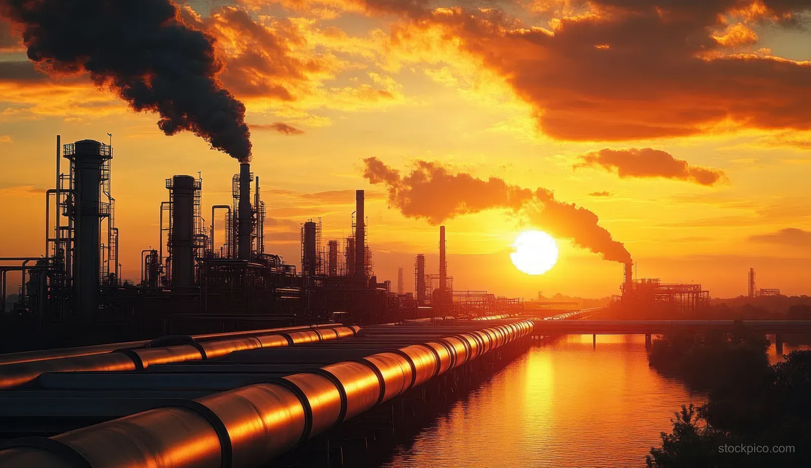 Oil pipeline beside an industrial refinery at sunset, with smoke stacks and bright reflections on the steel tubes.