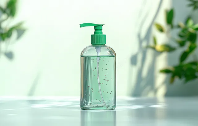 A clear soap dispenser bottle with green pump stands on a glossy countertop beside blurred green leaves.