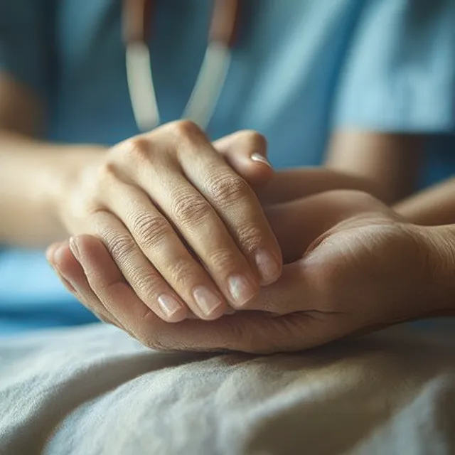 Two hands gently holding another person's hand on a soft blue background.