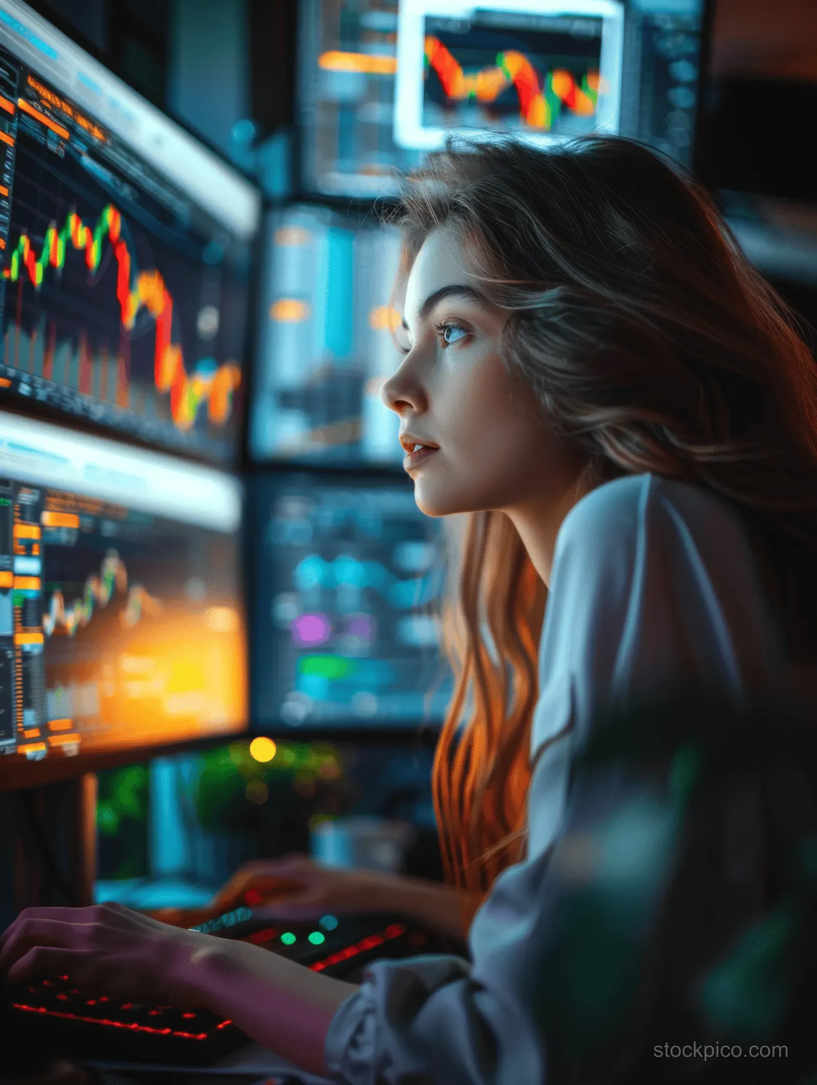 A young woman analyzes colorful stock market charts on multiple monitors in a dark high-tech trading room.