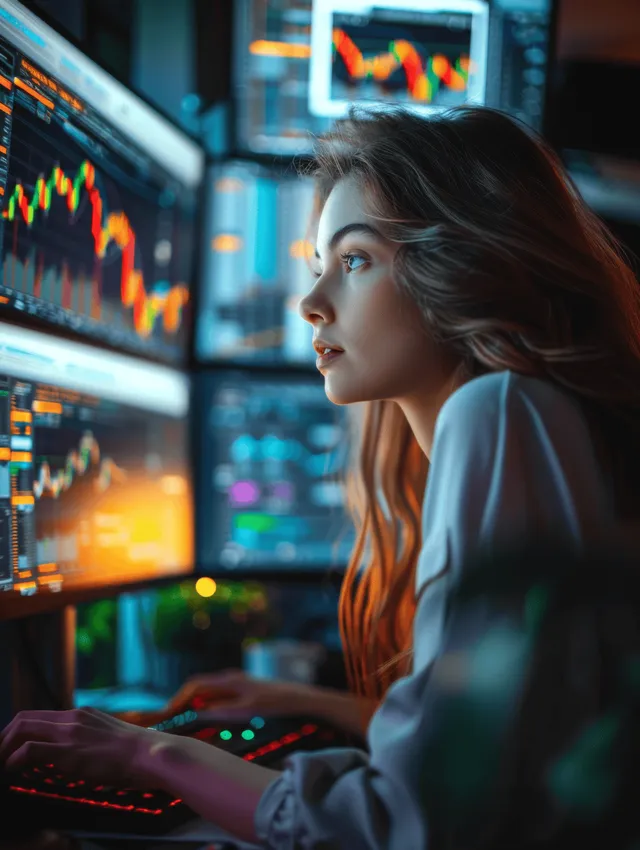 Young woman studying stock charts on multiple monitors in a dark high-tech trading room