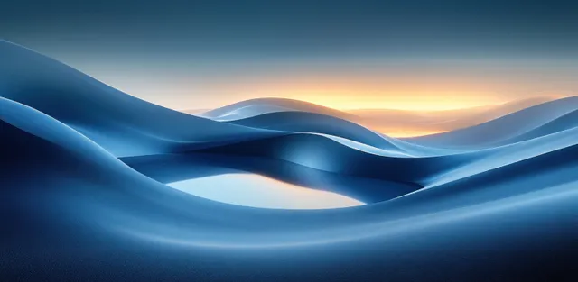Abstract blue landscape waves at sunset, smooth gradients and soft glow