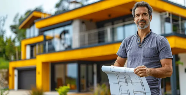 An architect reviews blueprints beside a modern yellow house exterior in bright daylight.