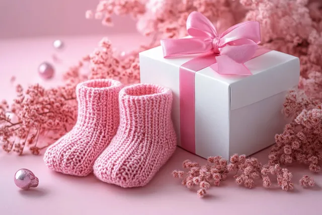 Pink baby booties and a ribbon gift box on a pastel background with scattered flowers and small pearls.