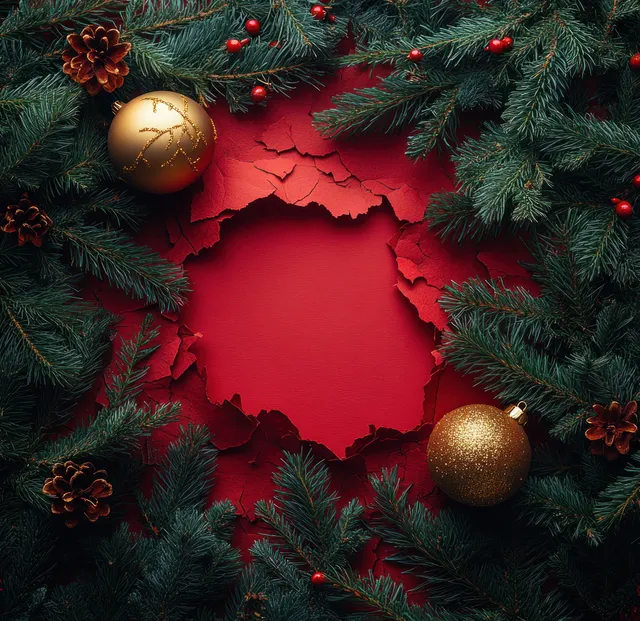 Pine wreath surrounds a red paper cutout opening with glowing golden ornaments and scattered pine needles.