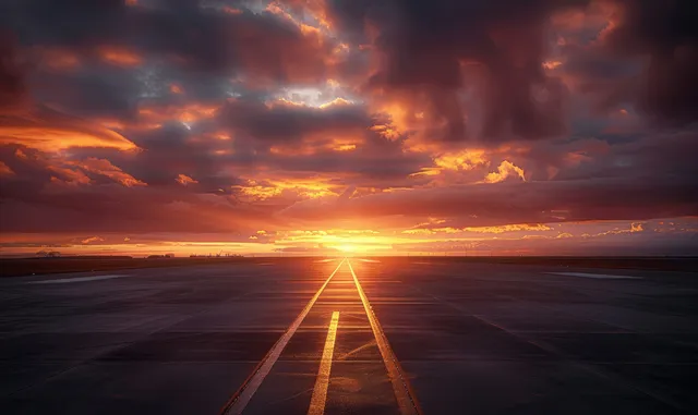 Empty airport runway stretching into sunset horizon with glowing centerline and dramatic clouds