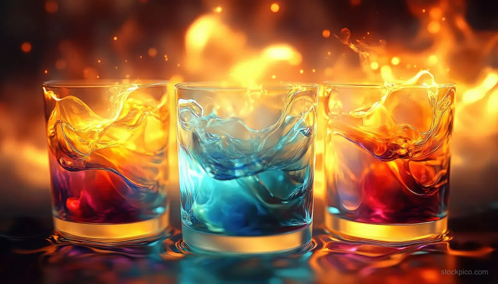 Three glasses with fiery orange and blue liquid splashes bursting against a glowing background.