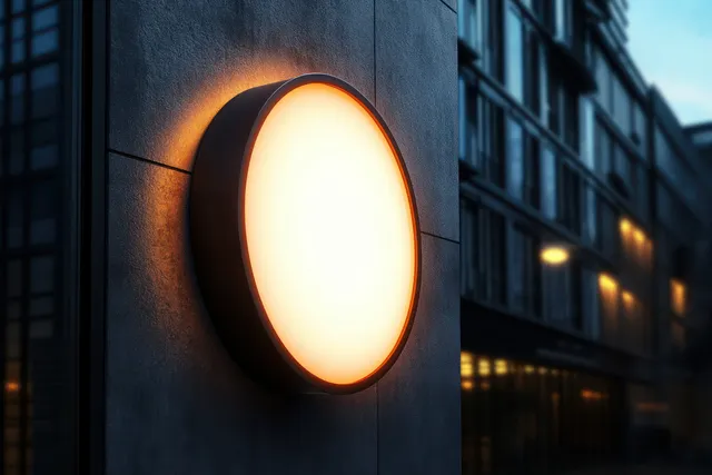 Warm round wall sconce glowing on a dark building facade while the city street lights blur in dusk.