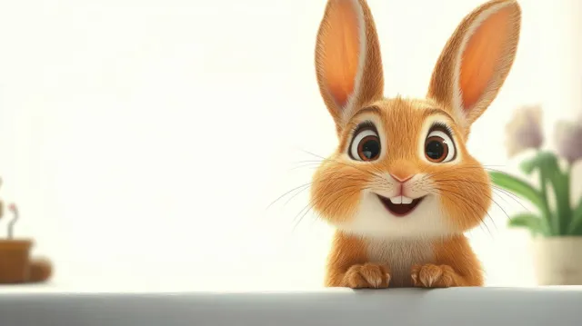 A cartoon rabbit with big eyes and upright ears peeks over a white surface with blurred flowers behind.