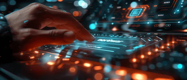 Hand Tapping Chatbot Interface on Futuristic Customer Support Screen