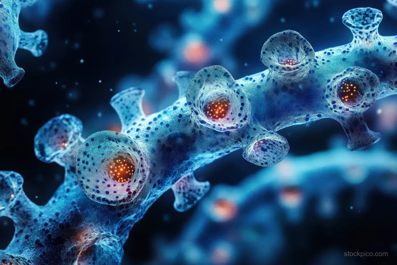 Blue translucent virus-like cells with bulbous protrusions and orange glowing cores float in a dark blurred background.