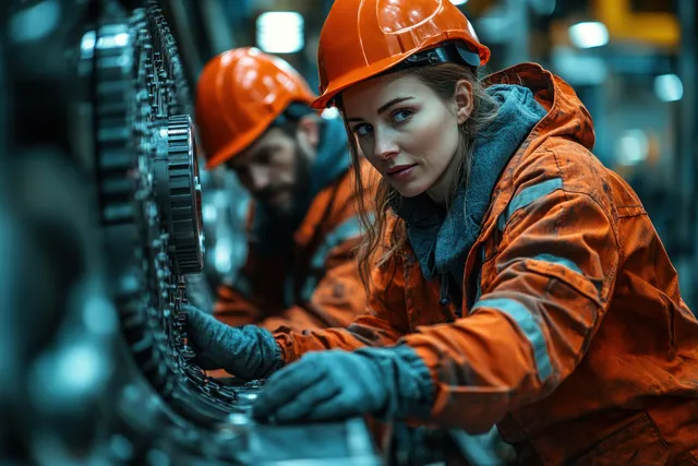 An industrial technician in orange helmet and gloves inspects blue machine cables inside a factory.