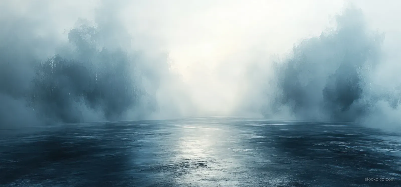Foggy ocean horizon with swirling clouds and hazy reflections across a muted blue-gray sea.